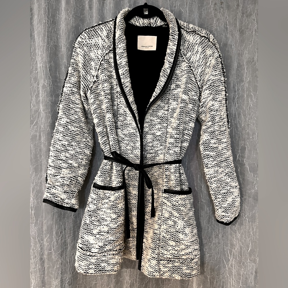 Rebecca Taylor Tweed Leather Trim Cardigan
